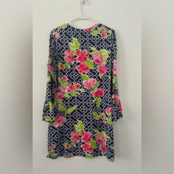 IBKUL Floral Chain Link Print Long Sheer Mesh Bell Sleeve Dress Size Medium - Picture 2 of 9